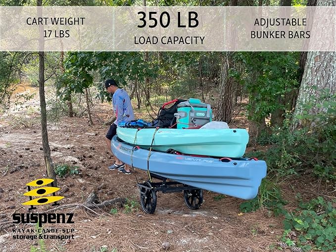 Suspenz Kayak Canoe Transport Cart, All-Terrain Super Duty Trolley Carrier with No-Flat Airless Wheels and Kickstand, 350 lb Load Capacity, Black (22-9908)