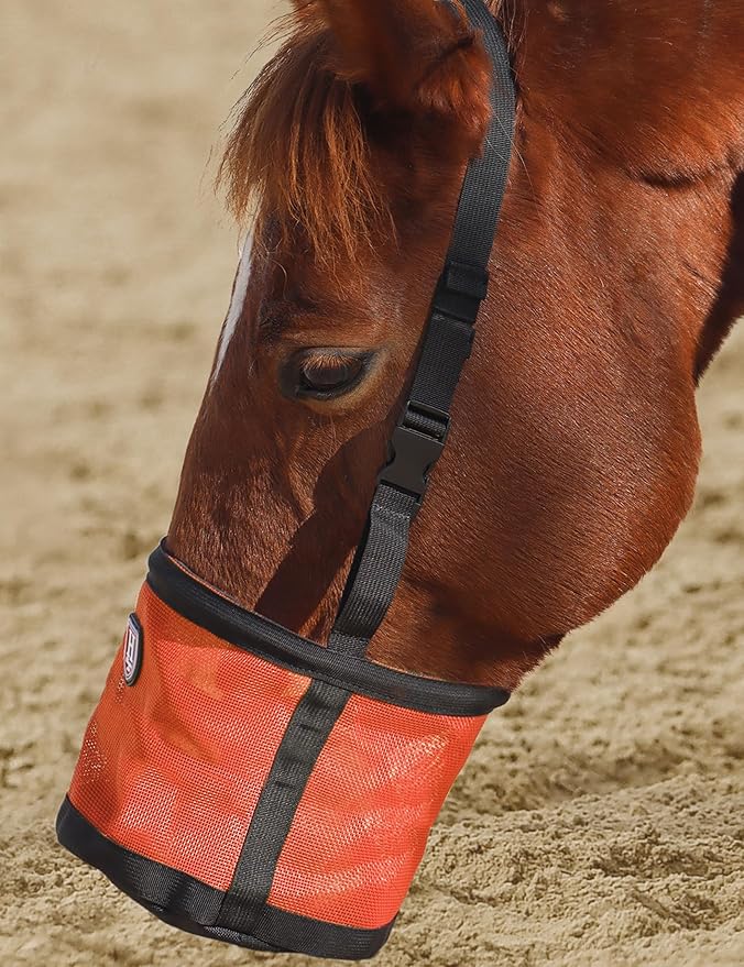 Harrison Howard Horse Muzzle Feed Bag Nylon Mesh Grain Feed Bag with Padded Neck Strap Adjustable Belt Orange Medium