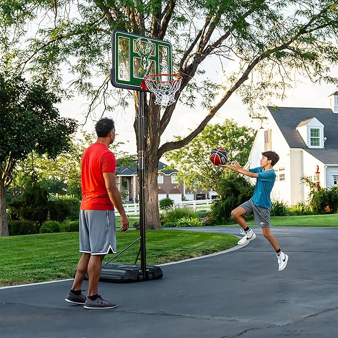 Lifetime NBA Milwaukee Bucks Portable Basketball Hoop, Adjustable Height 7.5-10 Ft, 44 Inch Shatterproof Fusion Backboard, Base with Wheels