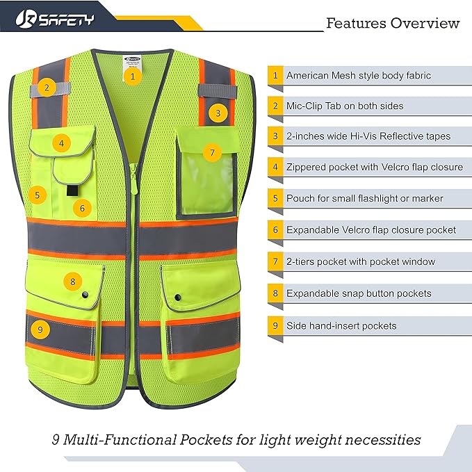 JKSafety 9 Pockets Hi-Vis Neon Yellow Zipper Front MESH Safety Vest with Fluorescent Orange Extend Edge outlining the Reflective Tapes Meet ANSI/ISEA Class 2 Standard (100-Yellow, 5XL)
