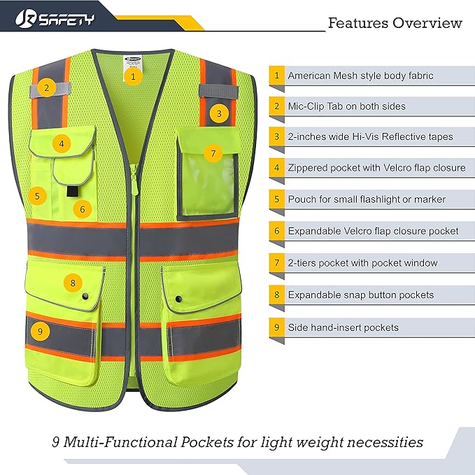 JKSafety 9 Pockets Hi-Vis Neon Yellow Zipper Front MESH Safety Vest with Fluorescent Orange Extend Edge outlining the Reflective Tapes Meet ANSI/ISEA Class 2 Standard (100-Yellow, 4XL)
