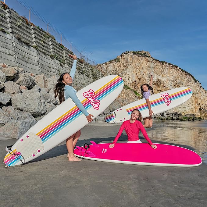 Barbie™ Signature 8ft Surfboard by Wavestorm | Graphic top Deck with high Density Slick Bottom | for Kids and Adults |Foam Construction with Accessories | Leg Leash and Fin Set Included,White