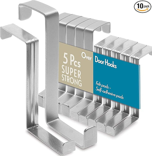 ドアハンガーフック、5個＋5個セット - ステンレス製コートハンガー、タオルホルダー 2面使用可能 (3.5cm & 4.5cm)、高耐久性 - 傷防止パッド付き吊り下げフック、滑り止めドット付きリースハンガー
