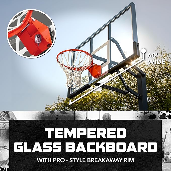 Silverback Height Adjustable In-Ground Basketball Hoop with Tempered Glass Backboard, Pro-Style Breakaway Rim & Backboard Pad