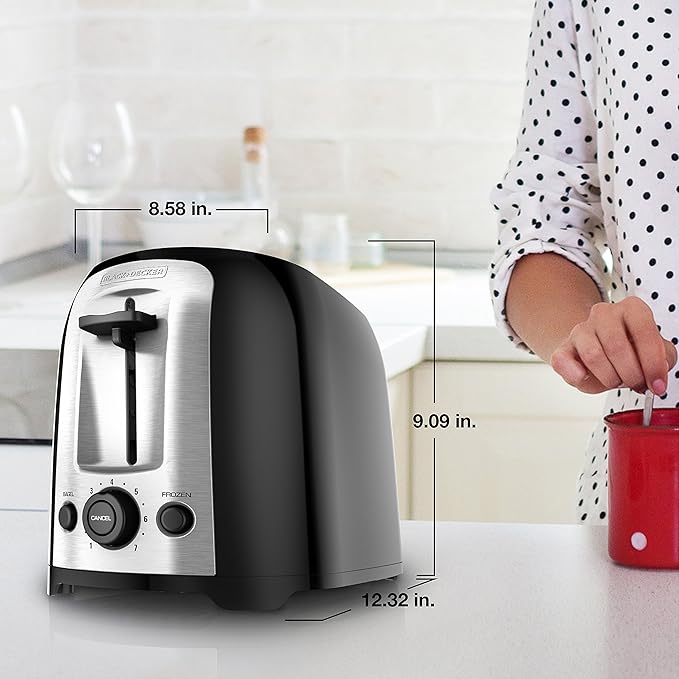 BLACK+DECKER 2枚焼きトースター TR1278BD、ワイドスロット、7段階焼き色調整、850W、冷凍パン・ベーグルボタン