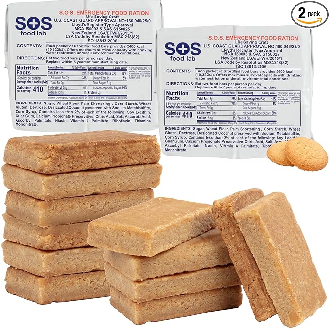 SOS Food Lab Emergency Food Bar - 2400 Calorie Ration (2 Pack Shortbread Cookie) - 2 Day/48 Hour Ready to Eat Supply for Camping, Hiking, Disaster Preparedness - 5 Year Shelf Life Energy Survival Food