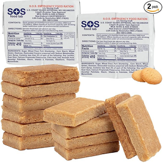 SOS Food Lab Emergency Food Bar - 2400 Calorie Ration (2 Pack Shortbread Cookie) - 2 Day/48 Hour Ready to Eat Supply for Camping, Hiking, Disaster Preparedness - 5 Year Shelf Life Energy Survival Food