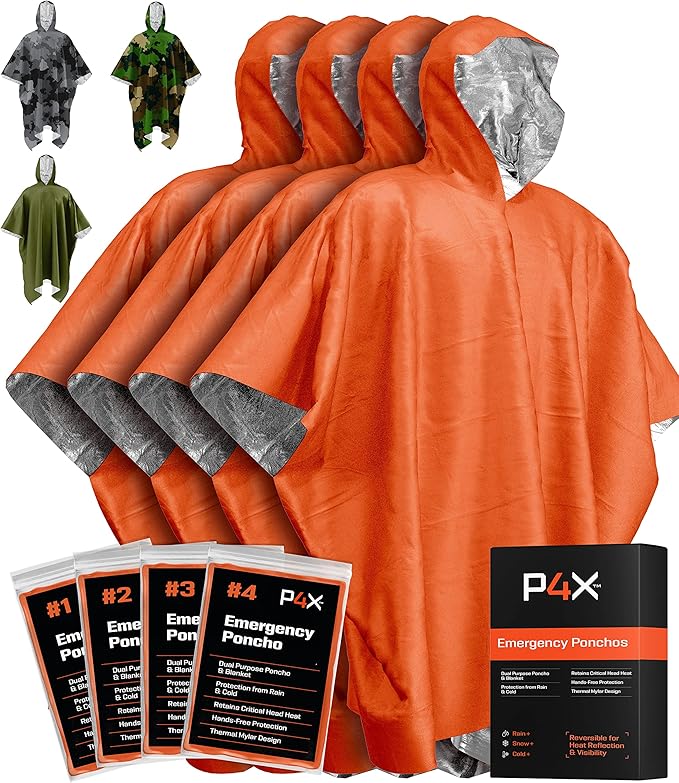 PREPARED4X エマージェンシーマイラーポンチョ – サバイバルレインポンチョ（フード付き）– 軽量、コンパクト、再利用可能 緊急ブランケットポンチョ（ハイキング、キャンプ、防寒具、車載キット、アウトドア用）