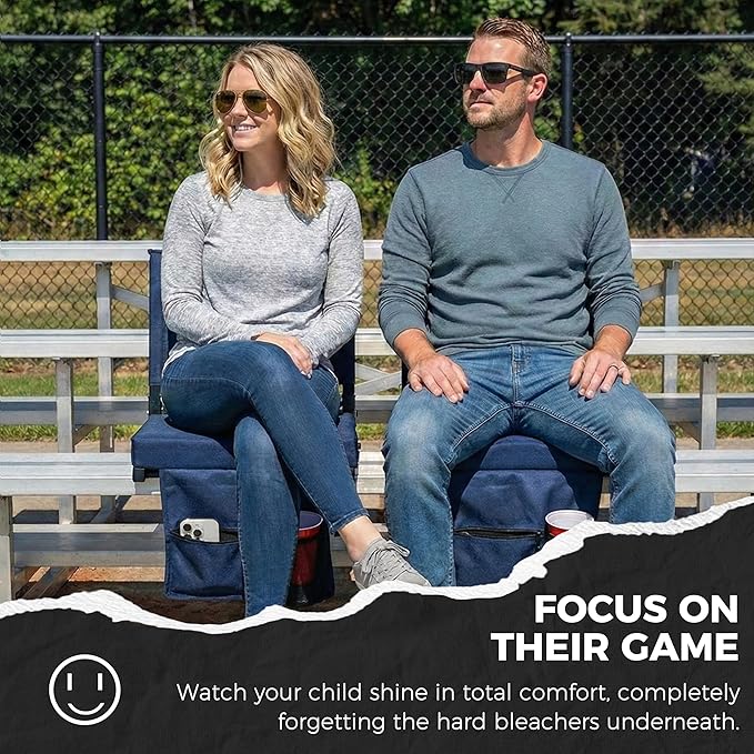 SPORT BEATS Stadium Seats with Back Support Bleacher Chairs with Back and Cushion Thick Padded Bleacher Seats Includes Shoulder Strap Navy Blue 2pcs Standard
