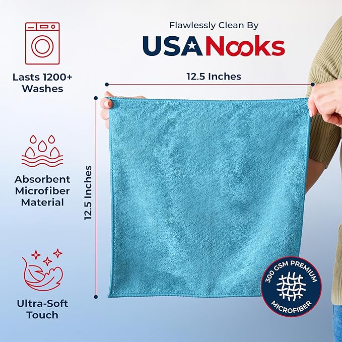 USANOOKS マイクロファイバークリーニングクロス - ターコイズ - 50枚 (12.5x12.5インチ) 高性能 - 1200回洗濯可能、超吸収性カータオル、汚れや液体を閉じ込めて筋のない鏡面仕上げに - 洗車用クロス