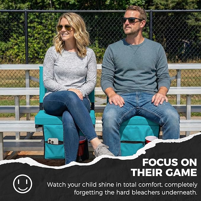 SPORT BEATS Stadium Seats with Back Support Bleacher Chairs with Back and Cushion Thick Padded Bleacher Seats Includes Shoulder Strap Cyan 1pc Standard