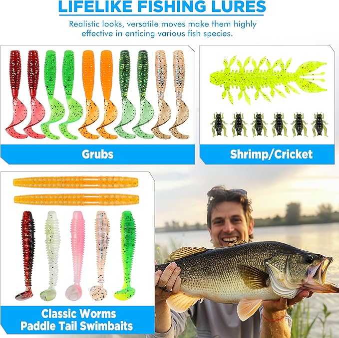 PLUSINNO Fishing Lures, 137Pcs Tackle Box with Tackle Included, Crankbaits, Spoon, Hooks, Weights & Other Accessories, Fishing Bait Lure Gear Kit Gift for Men Bass Freshwater
