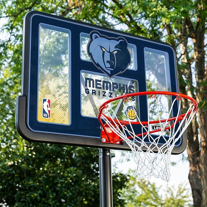 Lifetime NBA Memphis Grizzlies Portable Basketball Hoop, Adjustable Height 7.5-10 Ft, 44 Inch Shatterproof Fusion Backboard, Base with Wheels