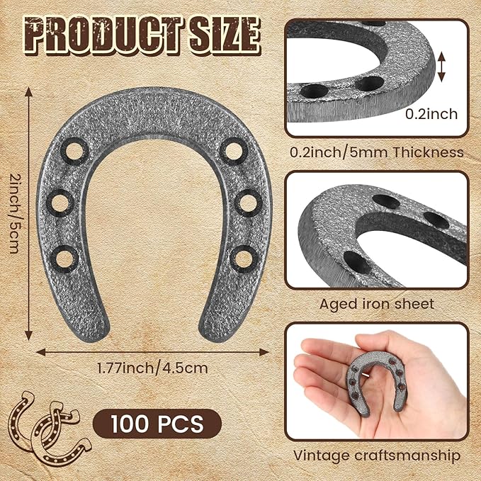 Gisafai 100 Pack Cast Iron Horseshoes for Crafts or Decorations 1.77 x 2 Inch Mini Iron Horseshoes Older Wall Decor Western Theme Table Centerpieces Horseshoe for Good Lucky Party Favor