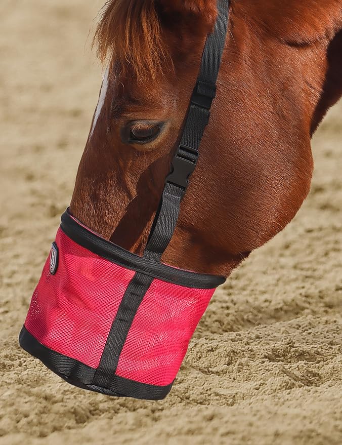 Harrison Howard Horse Muzzle Feed Bag Nylon Mesh Grain Feed Bag with Padded Neck Strap Adjustable Belt Pink Small