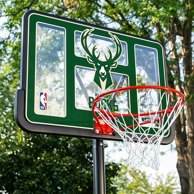 Lifetime NBA Milwaukee Bucks Portable Basketball Hoop, Adjustable Height 7.5-10 Ft, 44 Inch Shatterproof Fusion Backboard, Base with Wheels
