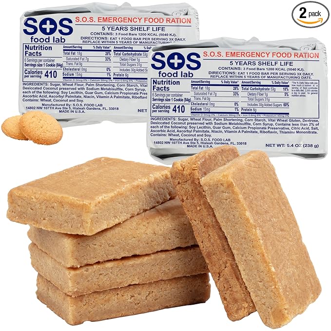 SOSフッドラボ 緊急用食料バー – 1200カロリー配給（2個パック ショートブレッドクッキー）– キャンプ、ハイキング、災害対策用の1日/24時間分の即席食料 – 5年間保存可能 エネルギーサバイバル食料