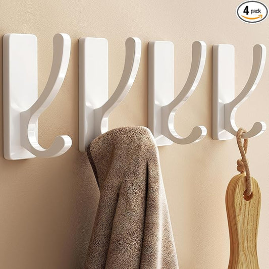 pickpiff Adhesive Wall Hooks for Towels - Sticky Hook Hanging Heavy Duty (13lb), Hanger for Door, Bathroom, Dorm, Closet - for Coats, Purse, Bag, Robe - No Damage to Wall - White 4 Pack