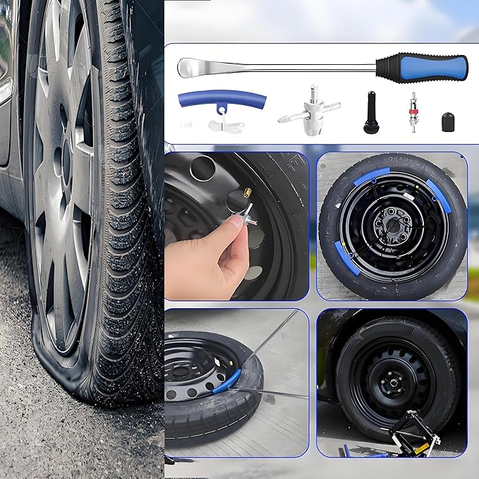PINKJOY 11.5" Tire Spoon Kit, 24pcs Tire Changing Tool for Motorcycle Dirt Bike Lawn Tractor Bicycle, Motorcycle Tire Changer Tire Removal Tool with 3pcs Rim Covers 6pcs Valve Tool Valve Cores