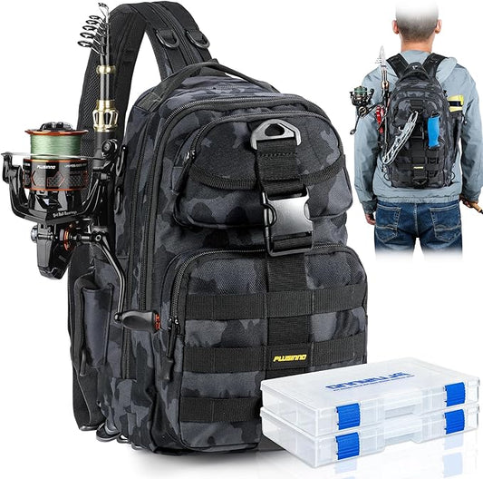 PLUSINNO Fishing Backpack, Fishing gear,Tackle Bag, Water-Resistant Bag with Rod Holder, Ideal Gifts for Men