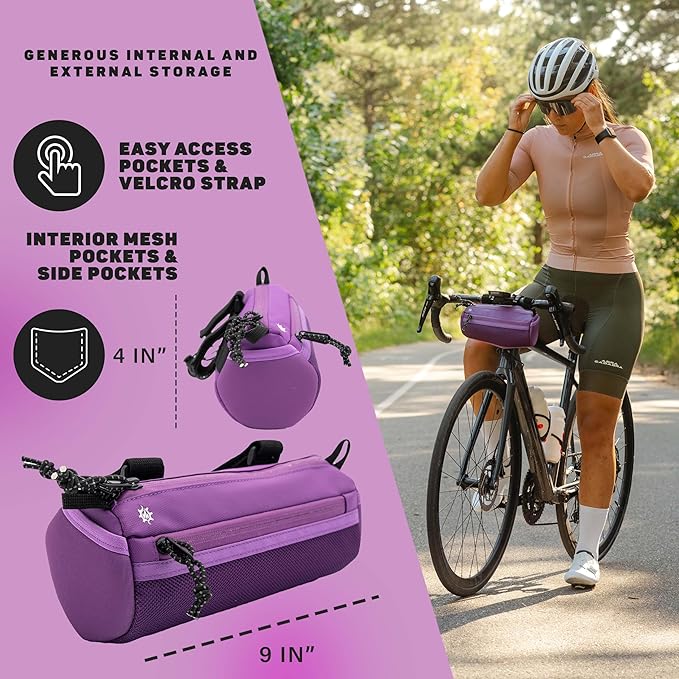 Lumiere & Co. Bike Handlebar Bag - Durable, Multiple Size and Color Options - Dual Elastic Straps, Clips & Hook-and-Loop for Customizable Fit (Purple, Medium)