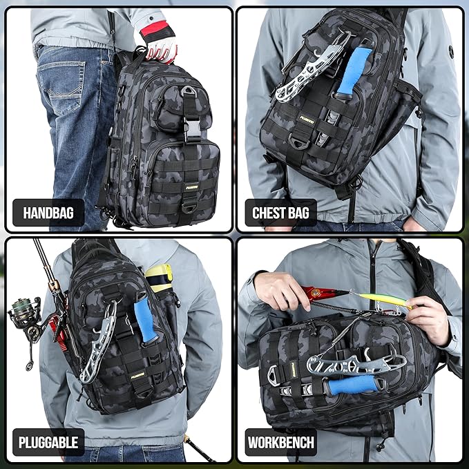 PLUSINNOフィッシングバックパック、釣り道具、タックルバッグ、防水ロッドホルダー付きバッグ、男性へのプレゼントに最適