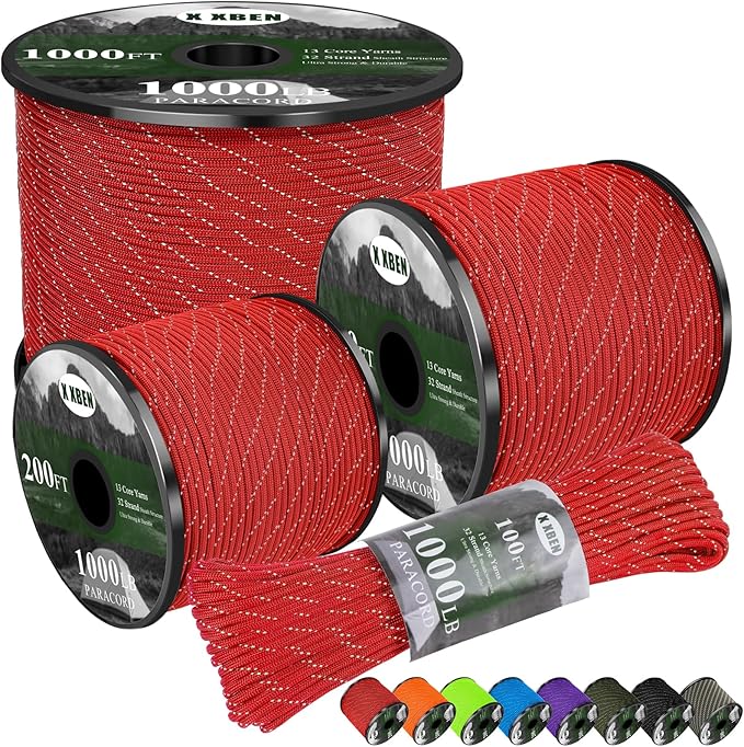 X XBEN Paracord Reflective 1000lb, 50/100/200/500/1000ft 4mm, 13 Strand Parachute Spool Cord, Heavy Duty Paracord Rope for Camping, Fishing, Hiking, Hunting, DIY Crafts, Red