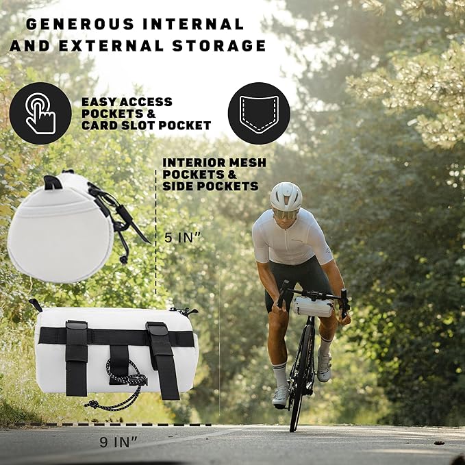 Lumiere & Co. Bike Handlebar Bag - Durable, Multiple Size and Color Options - Dual Elastic Straps, Clips & Hook-and-Loop for Customizable Fit (White, Large)