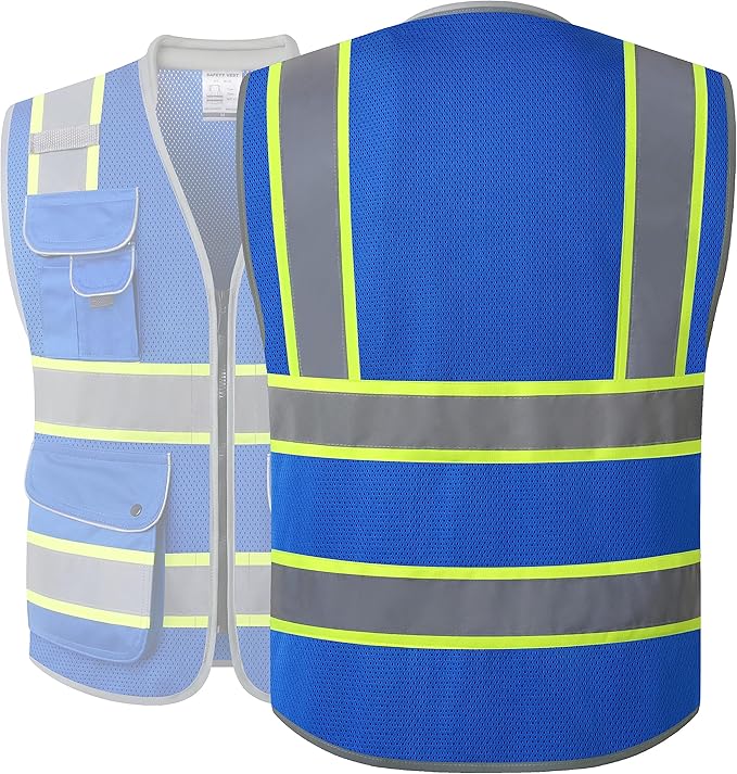 JKSafety 9 Pockets Hi-Vis Safety Vest Breathable Mesh Fabric Cushioned Collar Work Utility PPE Lightweight Industrial Work Gear ANSI/ISEA compliant (101-Blue XXL)
