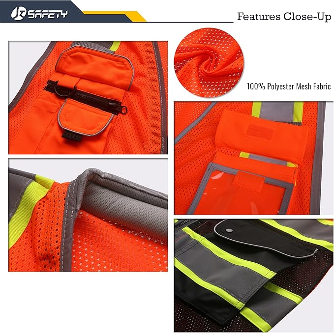 JKSafety 9 Pockets Hi-Vis Safety Vest High Visibility Reflecitive Mesh Safety Vests for Men and Women Cushioned Collar Work Utility PPE Work Gear ANSI/ISEA compliant Class 2 (101-OBlk L)