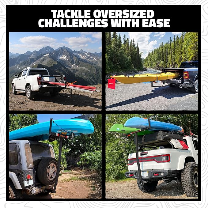 Mockins 750 Lbs Cap Truck Bed Extender Hitch Mount | 2-in-1 All-Weather Steel Canoe Rack & Kayak Trailer w/Stabilizer & Straps | Versatile Bed Extenders for Trucks & SUVs for Ladders, Pipes & Lumber