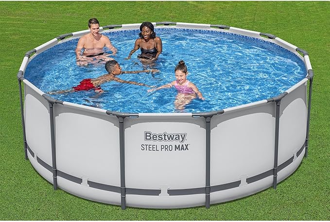 Bestway Steel Pro MAX 13フィート x 48インチ 地上プール、ラウンドメタルフレーム屋外スイミングプールセット、フィルターポンプ、はしご、カバー付き、グレー