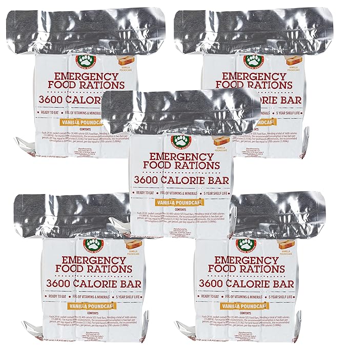Emergency Food Rations- 3600 Calorie Vanilla Poundcake Bar (5 Pack) - 15 Day, 360 Hour Value Supply For Disaster, Hurricane - Less Sugar, More Nutrients - 5 Year Shelf Life