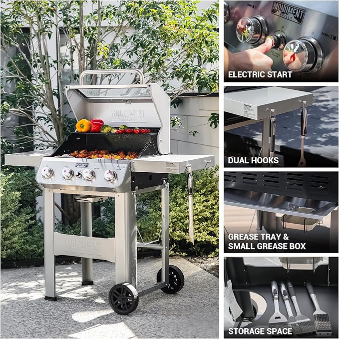 Monument Grills 4バーナー 液化石油ガスグリル シルバー ステンレス鋼製グリル パティオガーデンバーベキューグリル Clearview®蓋付き 折りたたみ式サイドシェルフ1つ付き Mesa400MF バーベキューカバー付き