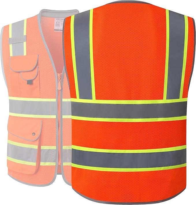 JKSafety 9 Pockets Hi-Vis Safety Vest Breathable Mesh Fabric Cushioned Collar Work Utility PPE Lightweight Industrial Work Gear ANSI/ISEA compliant (101-Orange L)