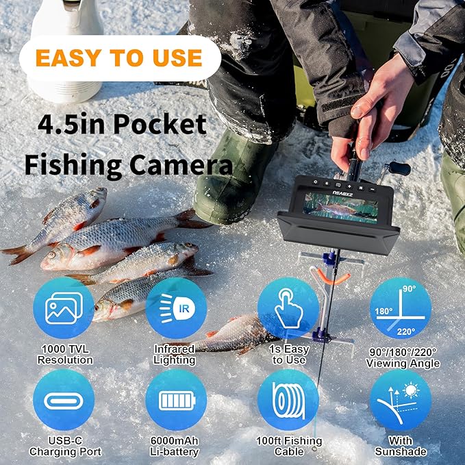 Underwater Fishing Camera with DVR Recording, 4.5" IPS Screen, 220° Ultra-Wide View, 32GB SD Card, 100ft Cable, Ice Fishing Camera, Portable Fish Finder for Lake Kayak Boat Fishing