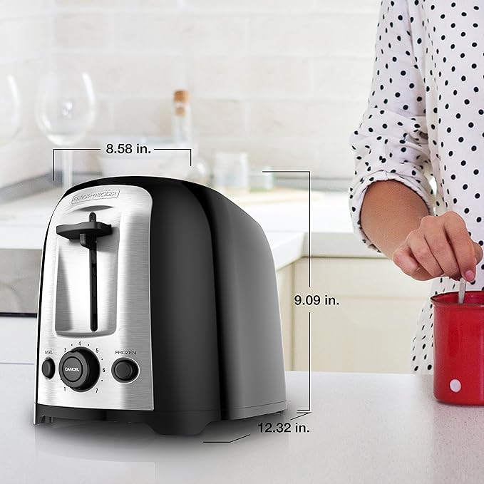 BLACK+DECKER 2枚焼きトースター TR1278BD、ワイドスロット、7段階焼き色調整、850W、冷凍パン・ベーグルボタン