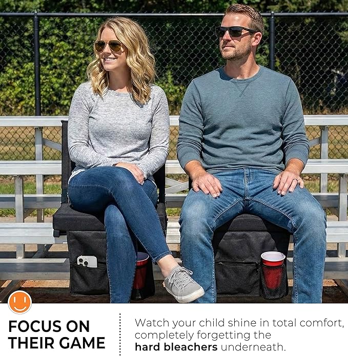 SPORT BEATS Stadium Seats with Back Support Bleacher Chairs with Back and Cushion Thick Padded Bleacher Seats Includes Shoulder Strap Black 1pc Standard