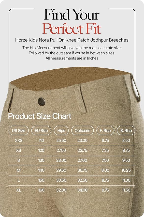 HORZE Nora Girls Riding Pants with Leather Knee Patch | Kids Equestrian Girls Jodhpurs Breeches | Size Chart in Images