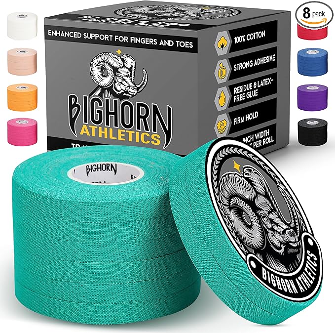 Bighorn Athletics Jiu Jitsu Finger Tape | Residue-Free Athletic Finger Tape for Sports & Injuries: Rock Climbing, Volleyball, Football, Basketball, Hands & Toes | 0.3-Inch x 45-feet, 8-Rolls, Green