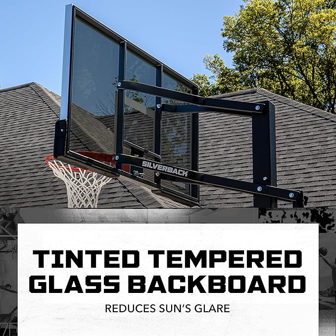 Silverback Height Adjustable In-Ground Basketball Hoop with Tempered Glass Backboard, Pro-Style Breakaway Rim & Backboard Pad