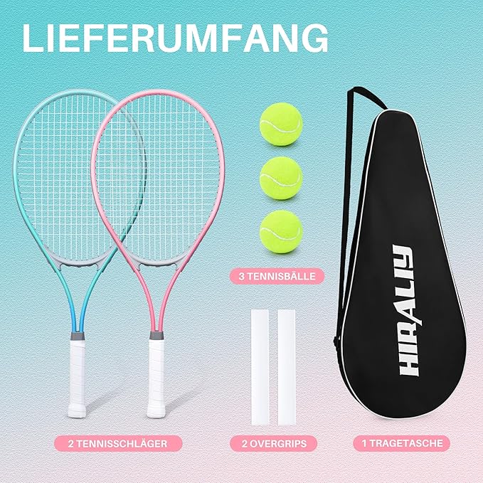HIRALIY テニスラケット 大人初心者用2本セット - 27インチ 軽量アルミテニスラケットセット ボール3個＆キャリーバッグ付き - 振動吸収性＆ワイドスイートスポット 男女兼用 カップル向け