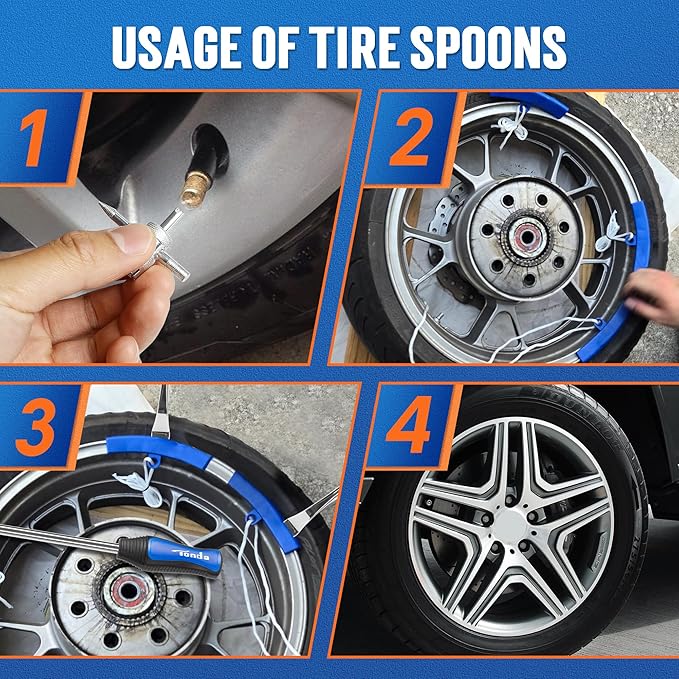 TONDA Tire Spoons, Tire Changing Kit for Motorcycle Dirt Bike Lawn Mower Tractor, Tire Removal Tool Set with Rim Protectors, Valve Tool, Valve Cores, Valve Caps, Valve Stems, Storage Bag