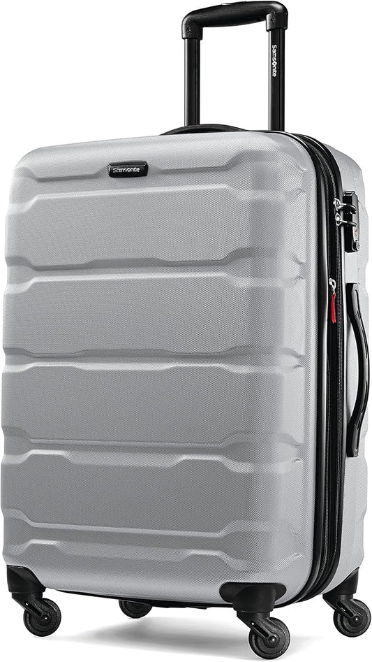 Samsonite Omni PC Hardside Expandable Luggage with Spinner Wheels, Silver, Checked-Medium 24-Inch