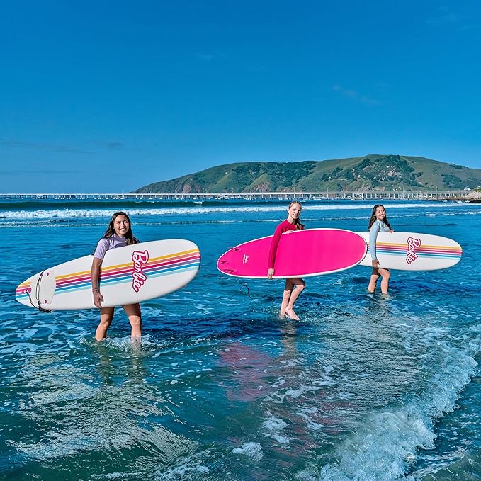 Barbie™ Signature 8ft Surfboard by Wavestorm | Graphic top Deck with high Density Slick Bottom | for Kids and Adults |Foam Construction with Accessories | Leg Leash and Fin Set Included,White