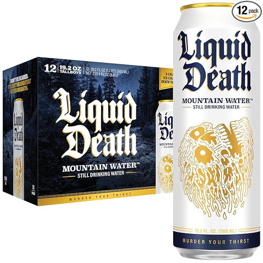 Liquid Death Still Mountain Water, Real Mountain Source, Ice-Cold Cans, Infinitely Recyclable, King Size 19.2 Fl Oz (Pack of 12)
