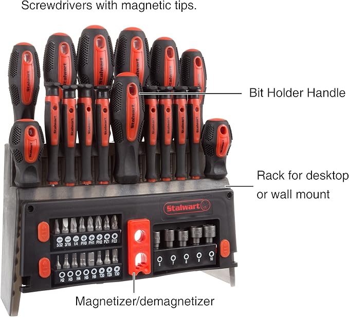 39-Piece Magnetic Screwdriver Set - Screw Driver Set Kit with Bits, Power Nut Driver and Wall Mountable Stand - Tool Kit with Phillips, Torx and Flathead Screwdrivers - Tool Sets for Men by Stalwart