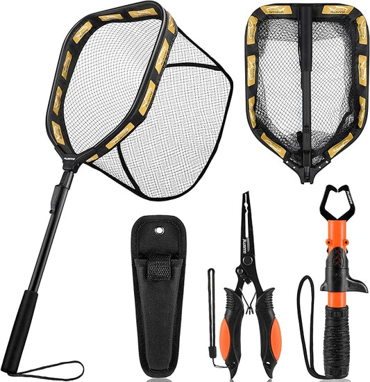 PLUSINNO Floating Fishing Net for Steelhead, Salmon, Fly, Kayak, Catfish, Bass, Trout Fishing, Rubber Coated Foldable Landing Net with Fixed or Telescoping Pole Handle, Fishing Gear and Gifts for Men