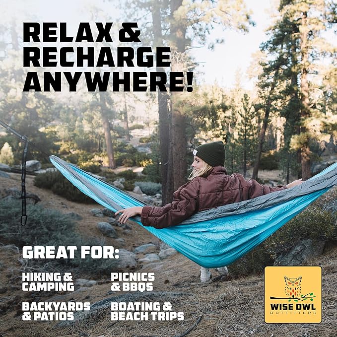 Wise Owl Outfitters キャンプハンモック – 耐荷重500ポンド ポータブルハンモック ツリーストラップ付き – 旅行、バックパッキング、ハイキング、アウトドアキャンプ用品 – シングルまたはダブル