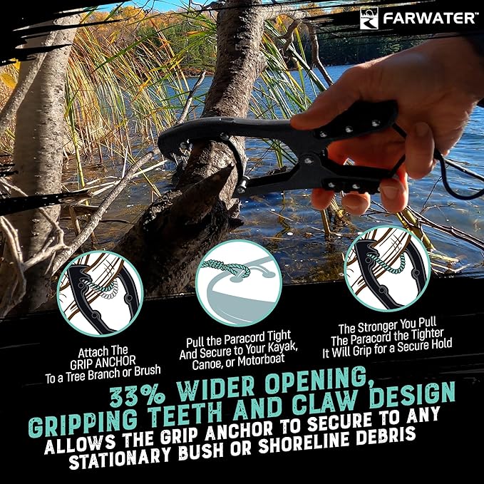 Canoe Anchor Grip - Boat, Float Tube & Kayak Fishing Accessories, Kayaking Equipment - Brush Clamp Anchor with Teeth - Gripper with 15ft Paracord - Rubber Grips - Coated Steel -